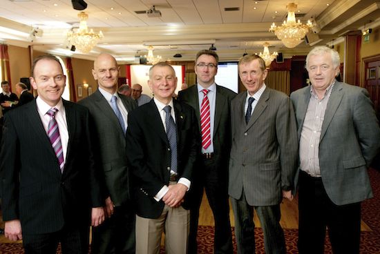 Pictured at the SDLP conference on Safe Food are Roger Sheahan, ABP; Professor Chris Elliott, Queens University; Robin Irvine and Garth Boyd, NIGTA; Professor Pat Wall, University College, Dublin and Gerry Mellotte, ABP. Photograph - Houston Green Photography, courtesy of Irish Farmers Journal.