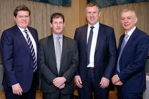 Wesley Aston, second from left, Chief Executive, UFU was the guest speaker at the NI Grain Trade Association quarterly meeting and is pictured here with, from left: Michael McAree, Vice President, NIGTA;  Keith Agnew, President, NIGTA and Robin Irvine, Chief Executive, NIGTA. Photograph: Columba O'Hare