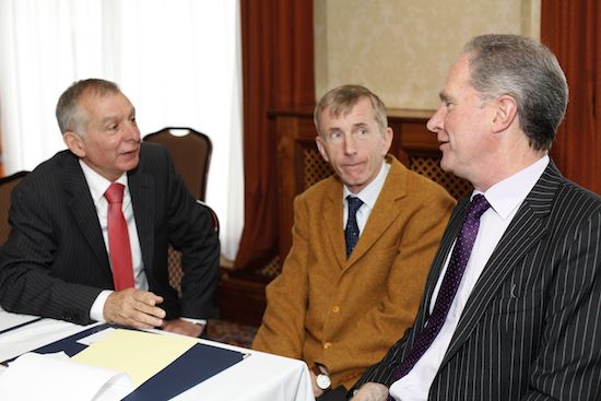Professor Patrick Wall, centre, UCD was the guest speaker at the recent NIGTA quarterly meeting and he is pictured talking to Owen Brennan, right, President, NIGTA and Robin Irvine, NIGTA. Picture: Columba O'Hare