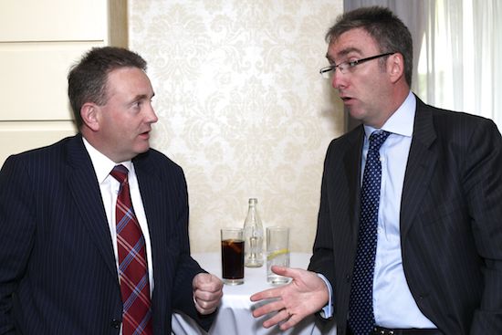 Northern Ireland Grain Trade members Mark Simpson and Garth Boyd chat at the NIGTA quarterly meeting.