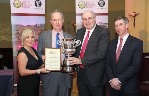 Agriculture Minister, Michelle O'Neill; Owen Brennan; EU Agriculture Commissioner , Phil Hogan and UFU President, Ian Marshal at the presentation. Photograph: Cliff Donaldson 