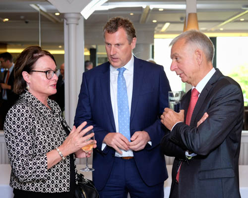 Colette FitzGerald, head of EU Office in Belfast was Guest Speaker at the NIGTA quarterly meeting and is pictured chatting to NIGTA President,  Keith Agnew and Chief Executive, Robin Irvine, right. Photograph: Columba O'Hare